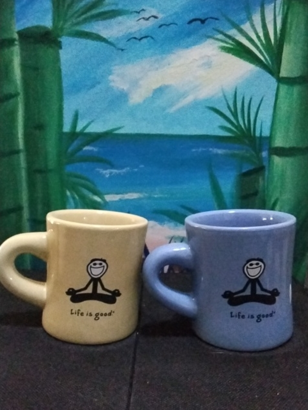 Life Is Good Yellow & Blue Yoga Pose Ceramic Coffee Mugs
